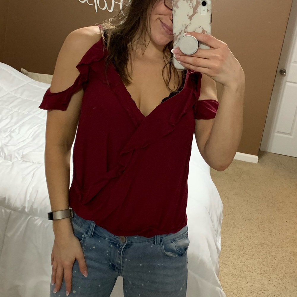 Ruffle accent shoulder drop top